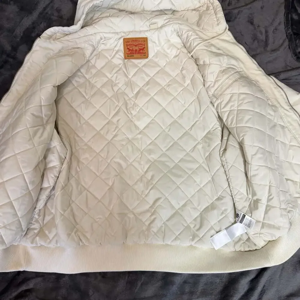 Levis Potrero White Denim Full Zip Hooded Jacket Quilt Lined Workwear Size XXL